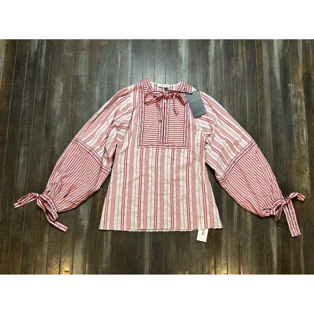 Andrew GN Red White Striped Embroidered Balloon Sleeve Tie Neck Top